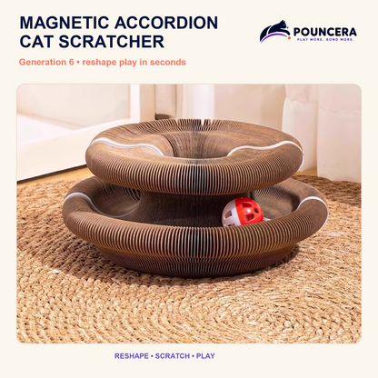 POUNCERA Generation 6 magnetic accordion cat scratcher in a stacked ring shape