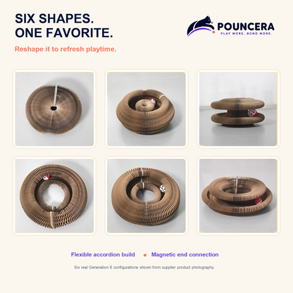 Six configurations of the POUNCERA magnetic accordion cat scratcher