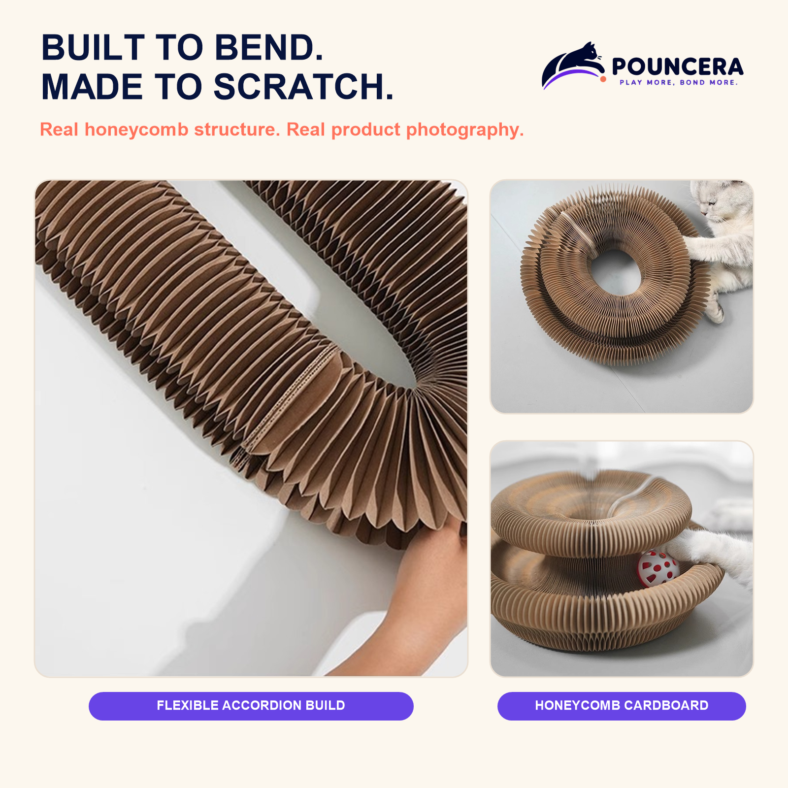 Close-up views of the flexible honeycomb paper accordion cat scratcher