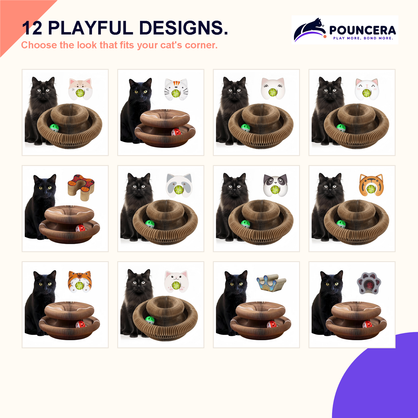 Twelve Generation 6 design options for the POUNCERA accordion cat scratcher